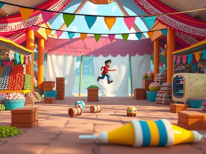 Rasgulla Adventureland gameplay screenshot showing Raju jumping over obstacles in a colorful Indian market